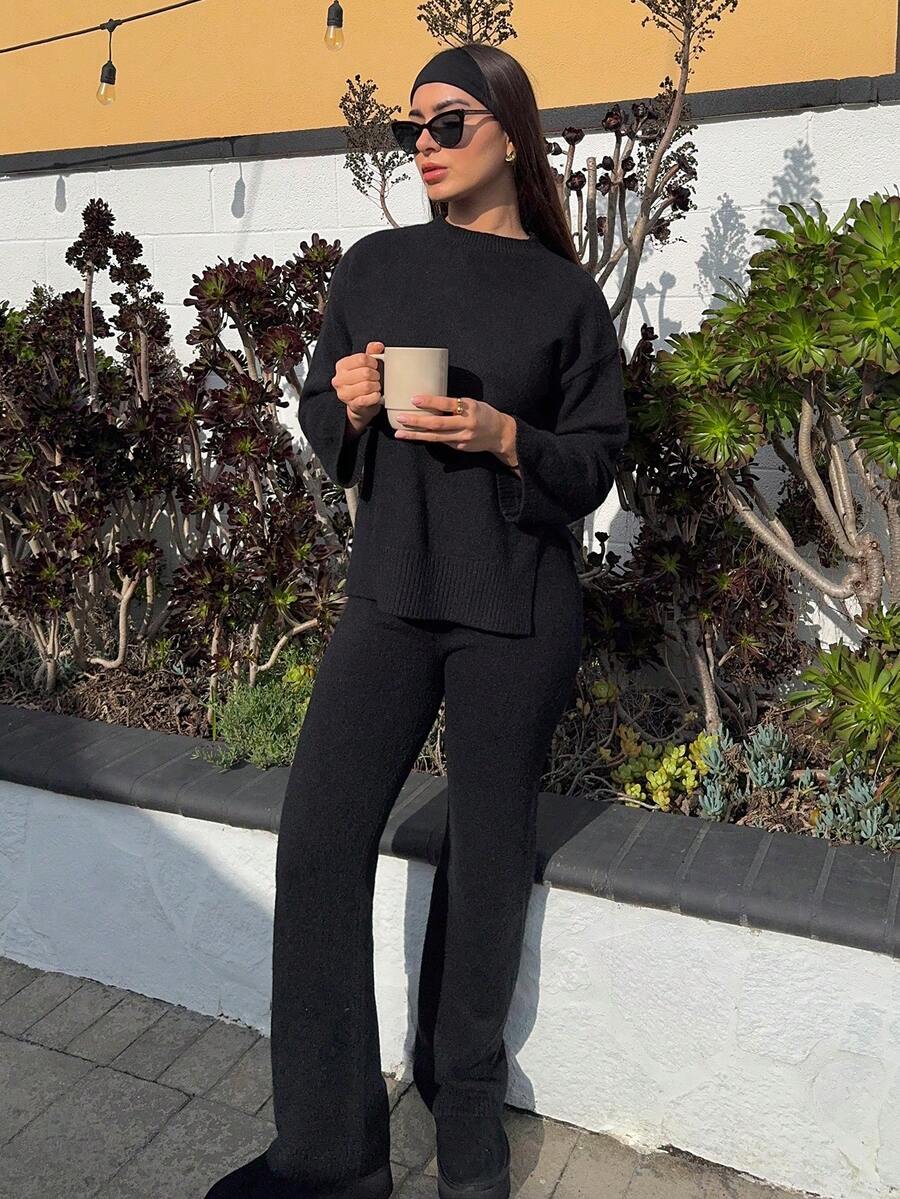 Andrea Bello Women's Solid Color Long Sleeve Sweater And Knitted Pants Set Fall Winter Cloth For Women - Black - View 1