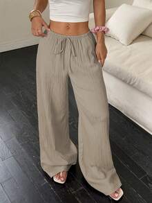 Flirla Women's Casual Versatile Solid Color Wide Leg Pants Fall Cloth For Women - Khaki - View 3