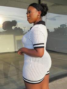 Truni Awkwardfatgirl Plus Size Women Holiday & Sexy Open Knit Contrast Color Short Sleeve Shirt Collar & Bodycon Shorts, Spring/Summer, For Pear Triangle Body Shape