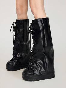 ROMWE Kawaii 1 Pair Of Punk Style Leather Socks, Niche Design Drawstring Strap Boot Cover, Four Seasons Locomotive Style Socks, Personalized Street Style Leg Cover - Black - View 3