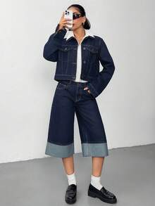 SHEIN Casual Commuter Jacket & Wide Leg Jeans Set - Dark Wash - View 4