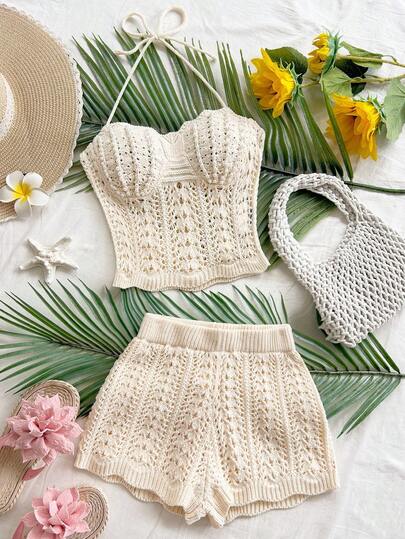 Soleia 2pcs Women Solid Color Hollow Out Halter Knit Top And Knitted Shorts Set