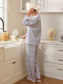 Doze Lane Women Pink Plaid Bubble Crinkle Long Sleeve Pajama Set Sleep Wear, Winter Clothes - Multicolor - View 2