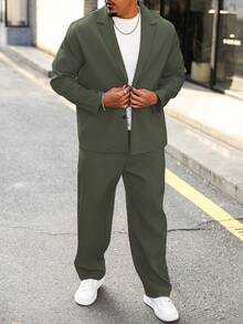 Manfinity Homme 大码男士纯色翻领插肩袖休闲夹克和裤子套装，秋季服装，舒适服装