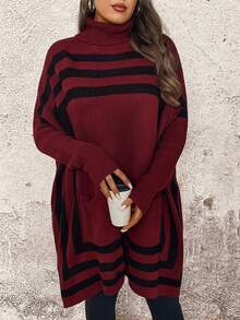 SHEIN LUNE 大码休闲撞色条纹高领蝙蝠袖毛衣，秋冬款 - 彩色 - 查看 7