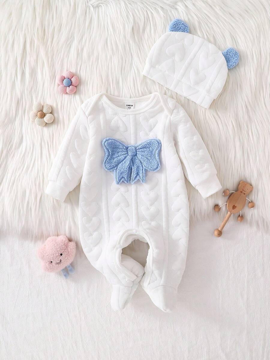 Set de 2 piezas de pelele y gorro con estampado de oso lindo y sencillo de manga larga para recién nacido, ropa de estar en casa casual - Blanco - Ver 1