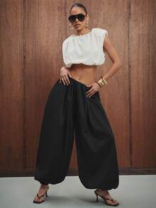 Hauture Women's Solid Color Pleated Casual Versatile Wide Leg Harem Pants - Black - View 3
