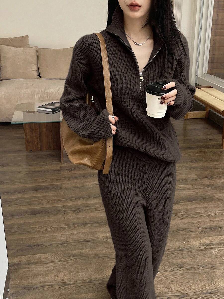 DAZY 女士休闲纯色半拉链毛衣和阔腿裤两件套,秋冬款 - 棕色 - 查看 1