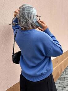 Vivie Lora كنزة صوفية كاجوال مريحة للنساء بياقة مستديرة وأكمام طويلة، بنمط نباتي مُحبوك، وكتف منخفض، مناسبة للخريف والشتاء - الأزرق - مشاهدة 4
