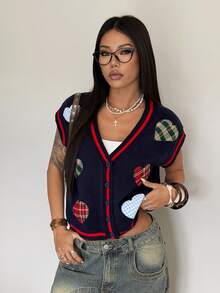 StreetHx 街头风女式纯色爱心刺绣纽扣无袖毛衣背心，春夏款 - 彩色 - 查看 4