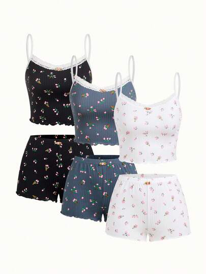 Bonmuse 3 件套女士纯色花卉印花荷叶边舒适透气睡衣套装