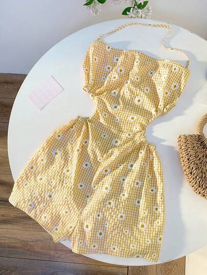 Comfortcana Mono informal de verano con estampado de cuadros amarillos y margaritas sin espalda para mujeres