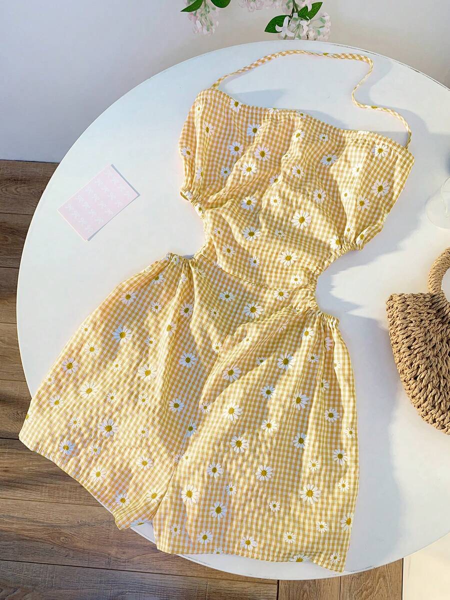 Comfortcana Summer Casual Yellow Plaid & Daisy Print Backless Jumpsuit For Women - Yellow - View 1
