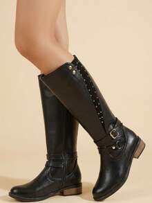 Bota alta mujer con tachuelas punta redonda cremallera lateral tacón bajo estilo ecuestre para oficina y viajes - Negro - Ver 1