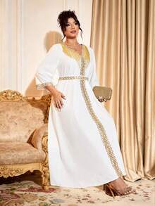 Elenzga 情人节女士加大码V领中长袖荷叶边流苏装饰独特设计优雅中长连衣裙 - 白色 - 查看 6