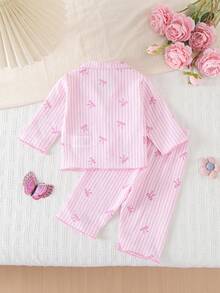 Newborn Baby Pajamas-2 Pieces Pajama Set Pink Striped Pajama Set With Bow Print Long Sleeve Round Collar Button Front Top And Elastic Waist Pants Four Season Holiday 2026 Essential Soft Gentle Skin Friendly Classic Sleepwear