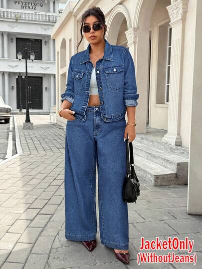 Jeanoix Plus Size Casual Denim Jacket With Cuff Buttons, Natural Color