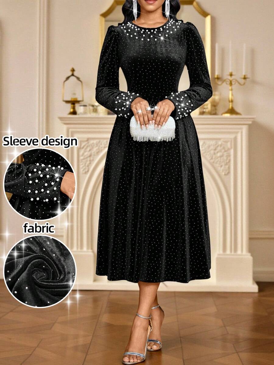 SHEIN Lady Váy dài tay đính ngọc trai trang trí cho nữ - màu đen - Xem 1