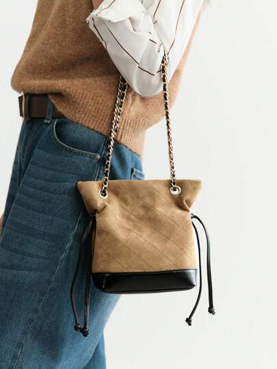 SHECARRY Retro Color Block Suede Handbag, Autumn/Winter Fashion Quilted Chain Shoulder Bag, Commuter Crossbody Hobo Bucket Bag