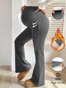 SHEIN Maternity Casual Solid Color Flared Pants With Thermal Lining, Autumn/Winter - Dark Grey - View 1