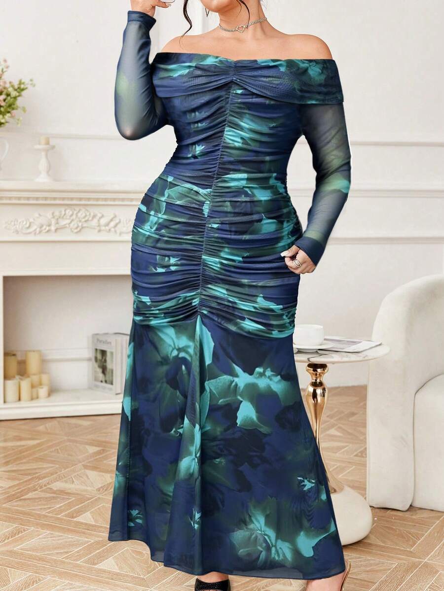 Modelyn 大码女式露肩褶皱腰身长袖优雅派对/约会连衣裙，网纱印花