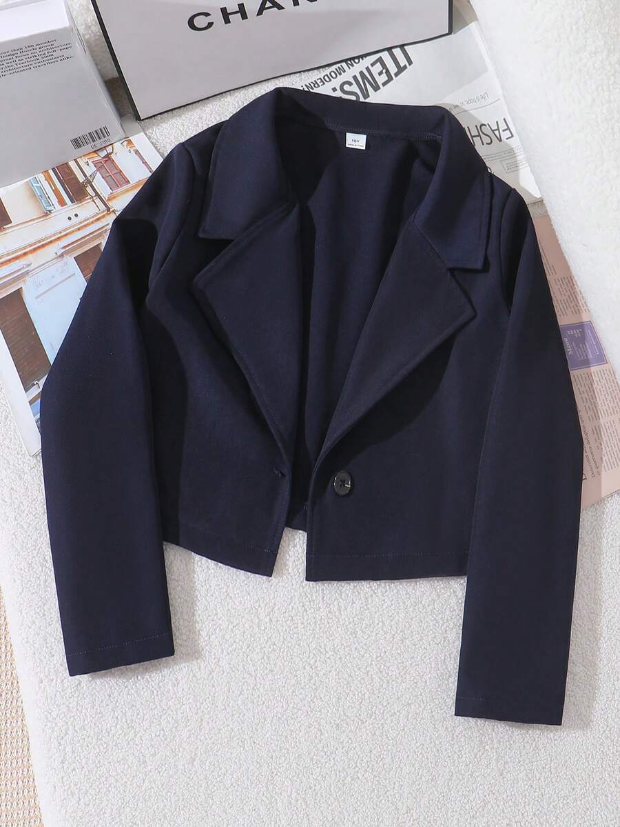 SHEIN 少女日常通勤简约纯色翻领短款外套 - 寶藍色 - 查看 1