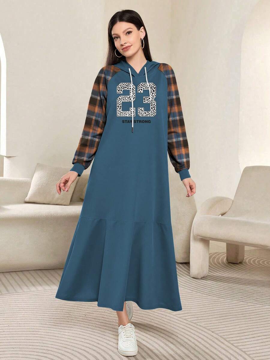 Modelyn Leopard Print & Plaid Pattern Hooded Long Sleeve Maxi Dress For Women, Spring/Autumn - Multicolor - View 1