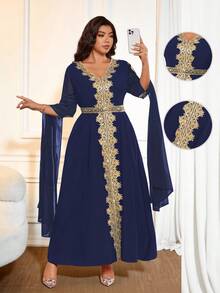 Cravure Plus Size Women's Style Patchwork Extra Long Sleeve Robe, Women's Solid Lace Trim Robe Gown - Navy Blue - View 1