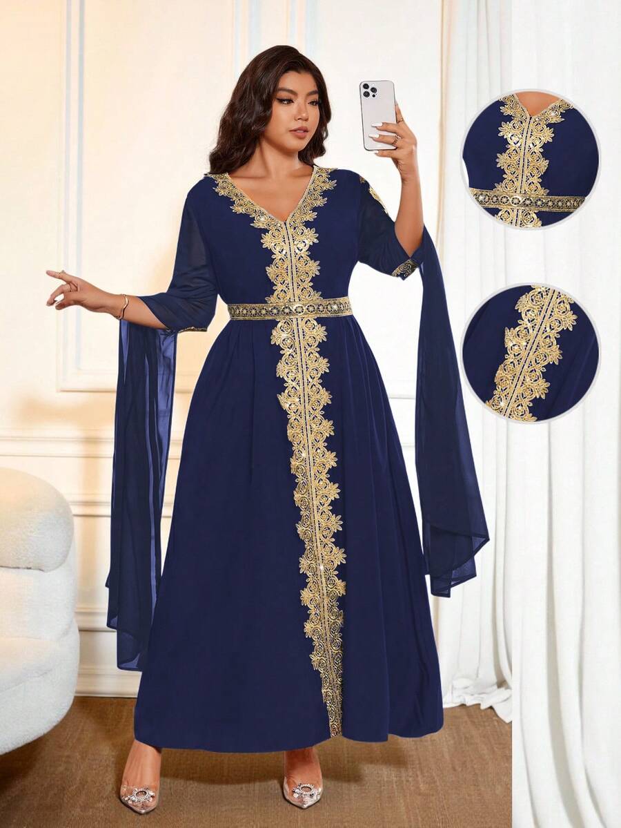 Cravure Plus Size Women's Style Patchwork Extra Long Sleeve Robe, Women's Solid Lace Trim Robe Gown - Navy Blue - View 1