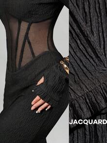 Avenya Women's Waist Cut-Out Semi-Sheer Bodice Design Long Sleeve Textured Fabric Dress - Black - View 1