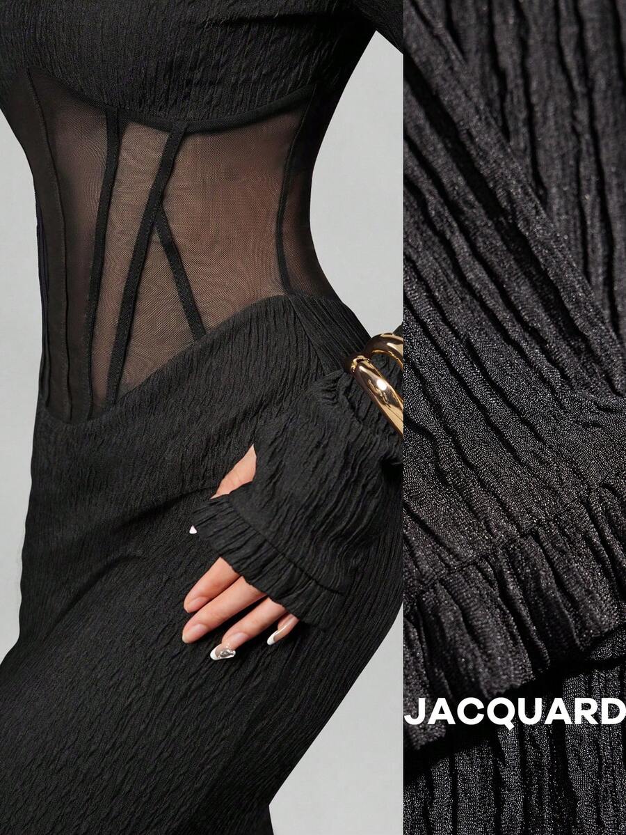 Avenya Women's Waist Cut-Out Semi-Sheer Bodice Design Long Sleeve Textured Fabric Dress - Black - View 1