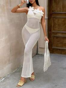 Bonvoyette Women's Floral Halter Crochet Elegant High-Fashion Influencer Dress, Suitable For Vacation, Beach, Party - Beige - View 6
