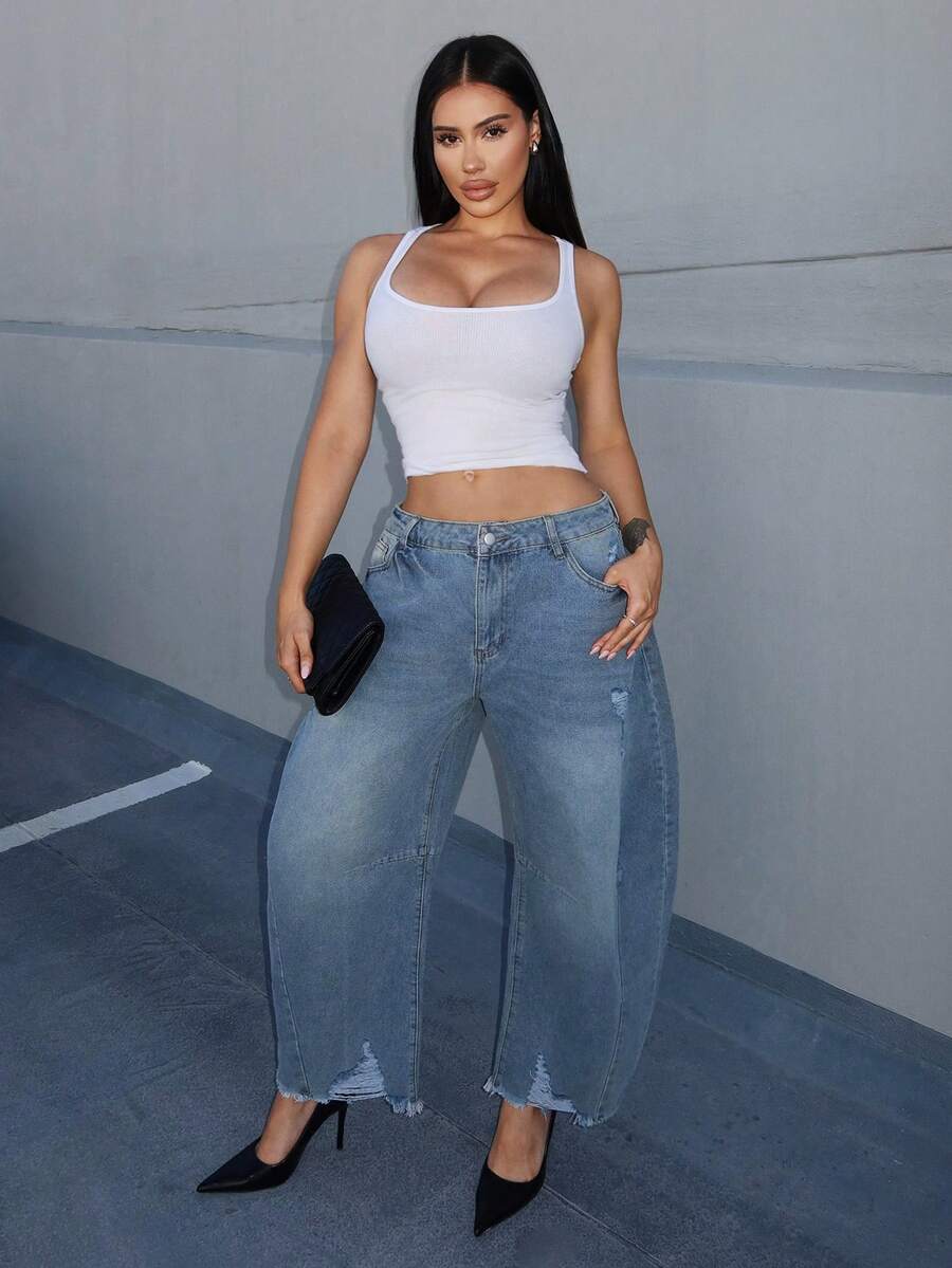 Shopreo Casual Distressed Flare Leg Jeans - Light Wash - View 1
