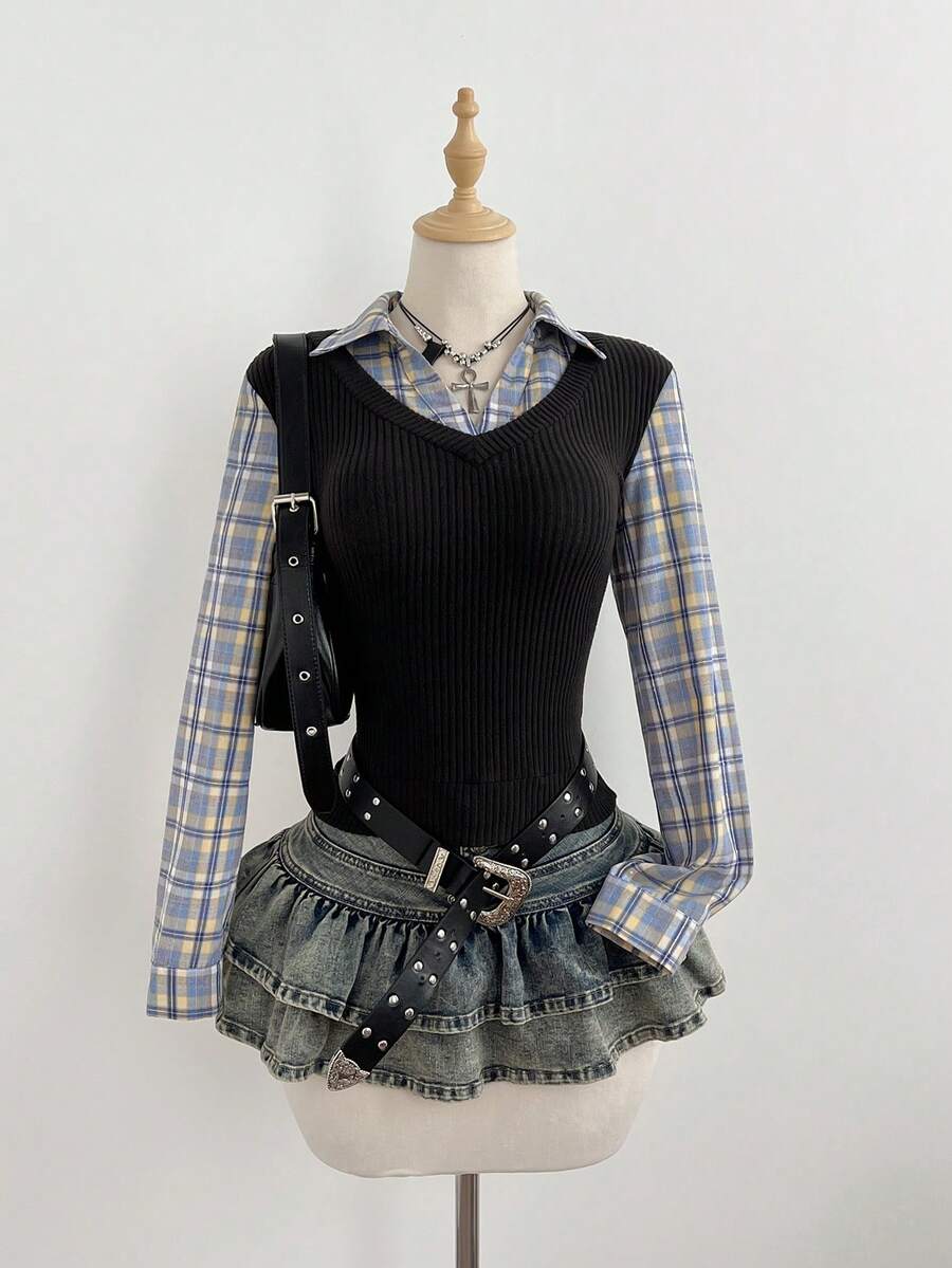 Elamini 黑色针织抓绒罗纹格子拼接二合一半开襟衬衫领紧身长袖上衣，时尚简约，适合办公室、教师、机构等场合，休闲日常约会皆宜，秋冬季女款百搭单品。 - 彩色 - 查看 1