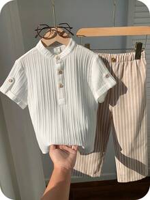 SHEIN 两件套男童休闲度假百搭衬衫和松紧腰条纹裤套装，适合生日派对、锐舞派对、晚宴、演出、婚礼、迎婴派对、洗礼、一周岁生日庆祝、婚礼宾客、迎婴派对洗礼服装 - 彩色 - 查看 6