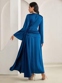 Veilorie Women's Elegant Party Solid Color Flare Sleeve Tie-Up Arabic Style Dress - Teal Blue - View 3