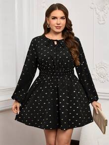 Miaspire Vestido de manga larga con estampado total y detalle de nudo delantero para tallas grandes - Negro - Ver 1