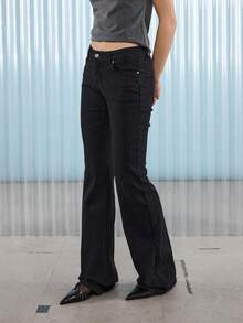 COUREZ Low Rise Skinny Flared Jeans In Black, Y2K Going Out Party Sexy Streetwear - Black - View 7