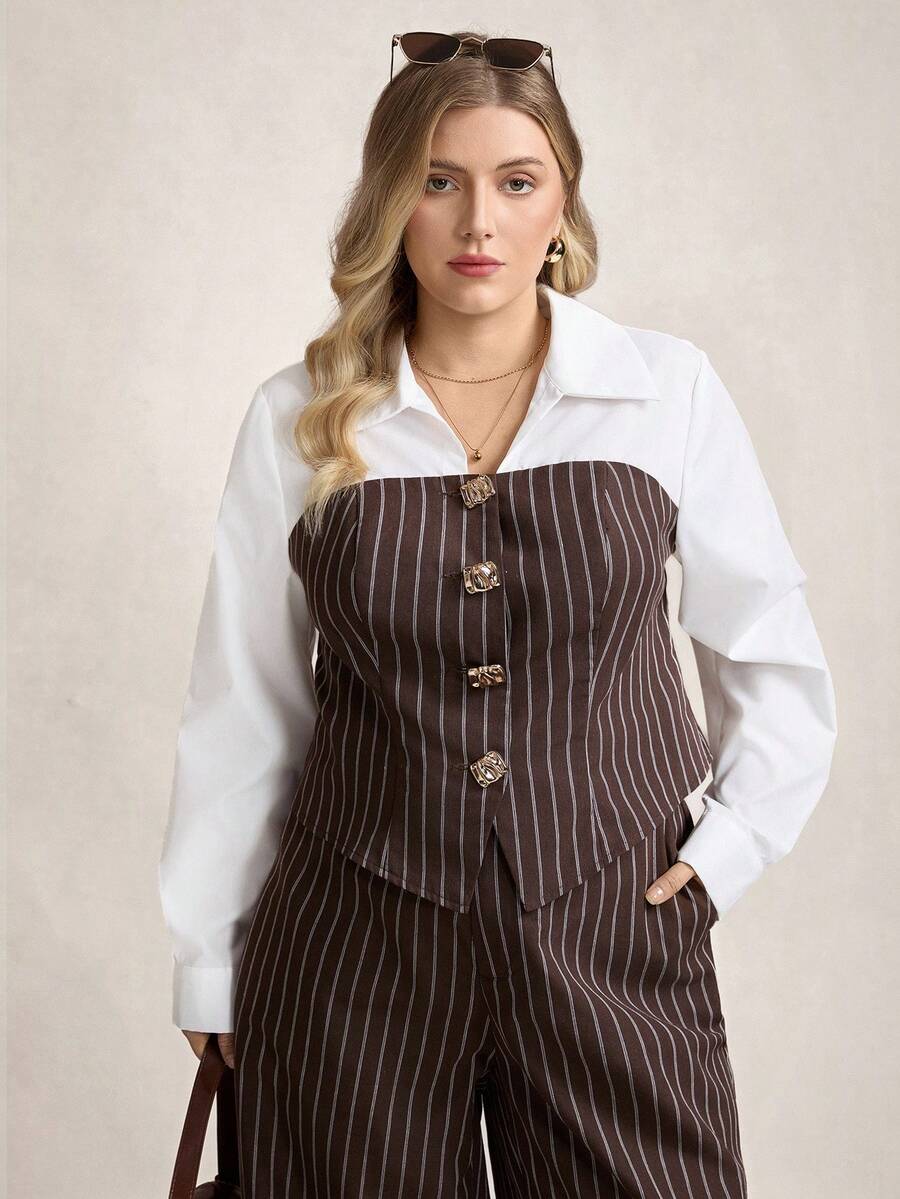 Zelara Plus Size Women's Elegant Brown Autumn Office Commute Striped ...
