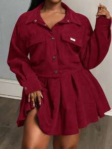 Slaydiva Camisa de manga larga ajustada de unicolor, conjunto de 2 piezas de camisa y falda de pana con bolsillo acanalado de talla grande - Verde - Conjunto de color burdeos para mujer - Rojo - Ver 5