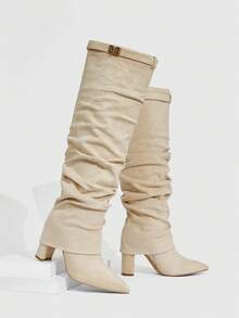 CUCCOO SZL 女士尖头金属装饰时尚日常百搭高跟过膝长靴 - 米色 - 查看 2