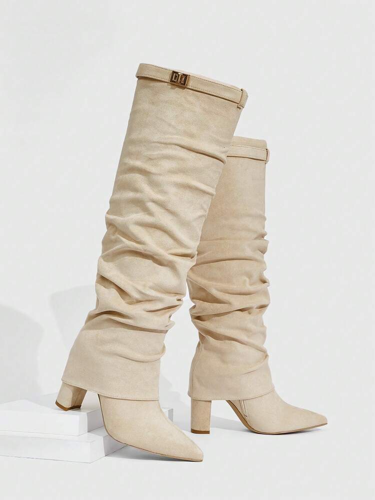 CUCCOO SZL Women's Pointed Toe Metal Decor Fashion Daily Wear Versatile High Heel Knee-High Boots For Christmas Valentine's Day Spring Shoes