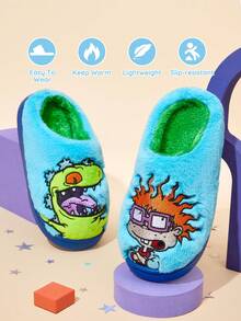 Nick 90s | SHEIN 可爱刺绣卡通男童蓝色儿童防滑室内拖鞋，适合幼儿和儿童，柔软毛绒保暖冬季家居鞋，轻便耐用EVA鞋底，适用于家庭卧室空调房，春、秋、冬季穿着，恐龙图案，不对称设计 - 藍色 - 查看 2