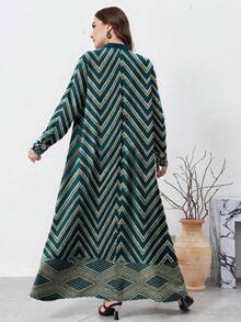 SHEIN Najma 大码女式复古几何花卉印花橄榄绿春秋季时尚纽扣领长袖连衣裙 - 彩色 - 查看 2