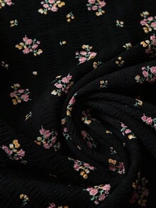 SHEIN PETITE CURVE Áo nữ cỡ lớn cổ tròn đơn giản, chất liệu vải sần, in họa tiết hoa nhỏ, tay raglan, phong cách phương Tây mùa hè, boho. - màu đen - Xem 3