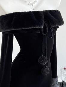 Elamini Đầm ôm sát tay dài trễ vai bằng lông giả màu trắng, thanh lịch và dễ thương cho tiệc Giáng sinh, hẹn hò, mặc hàng ngày - màu đen - Xem 4