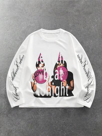 Goth Maglietta bianca casual e ampia da uomo con stampa di slogan e figure, stile di moda da strada, adatta per primavera e autunno, San Valentino