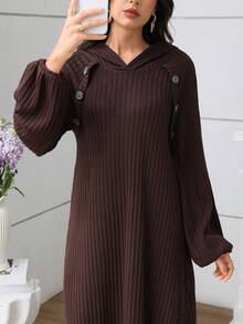 SHEIN Najma Váy dài tay đính nút vải dệt kim viền loe phong cách Ả Rập cho nữ, mùa thu/đông - Cà phê nâu - Xem 3