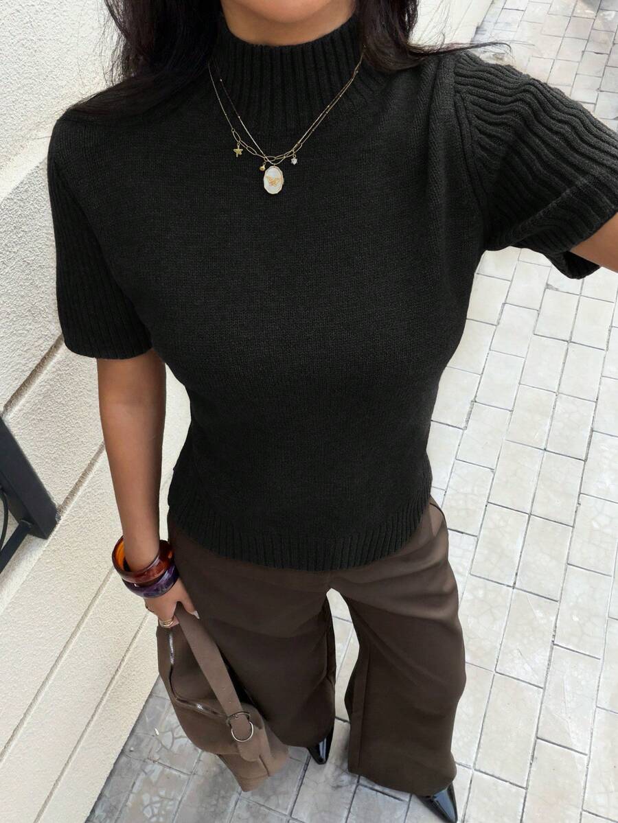 Siren Gaze Women's Solid Color Turtleneck Short Sleeve Wool Knit Top, All Season Casual Black Summer - Black - View 1