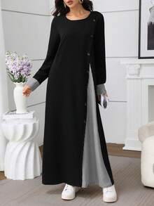 Al Najma Round Neck Front Button Solid Color Striped Casual Dress - Black - View 8